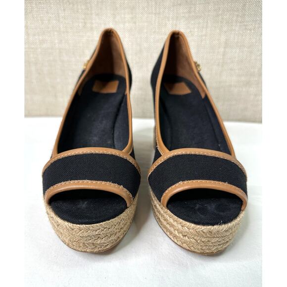 Tory Burch Majorca Wedge Sandal Peep Toe Black Canvas Espadrille Size 9 - Picture 4 of 13